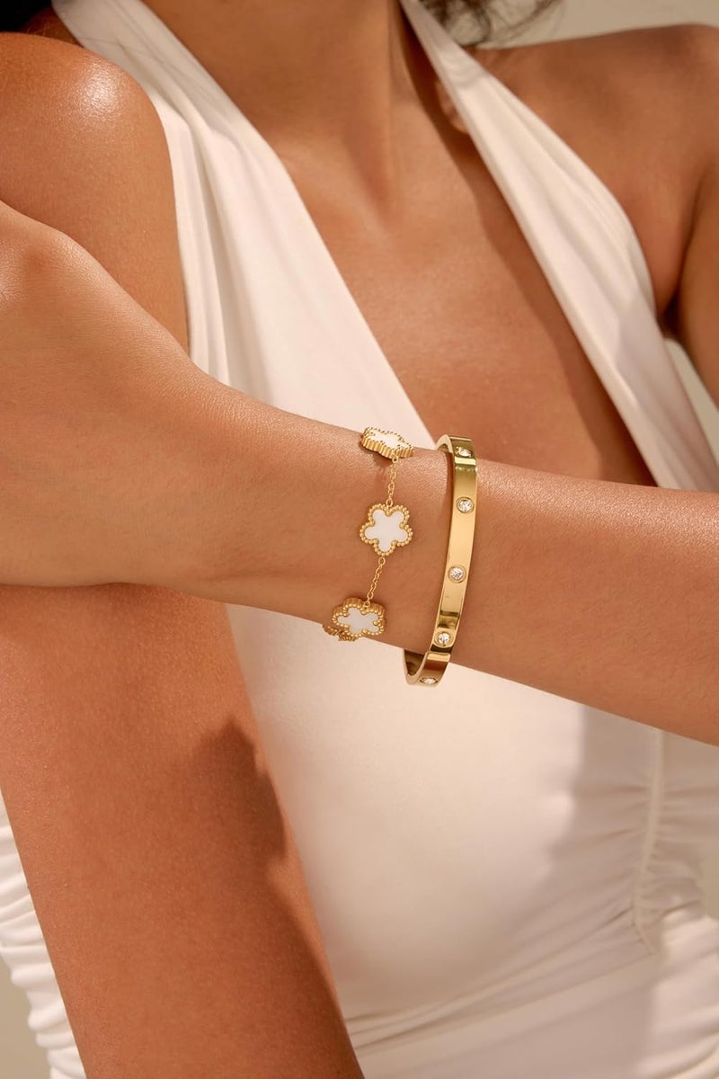 Funio 18K Gold Plated Clover Bracelet Love bangle Set for Women - Stack Friendship Bracelet Lucky Link Bracelets Jewelry Gifts Trendy for Women - Image 4